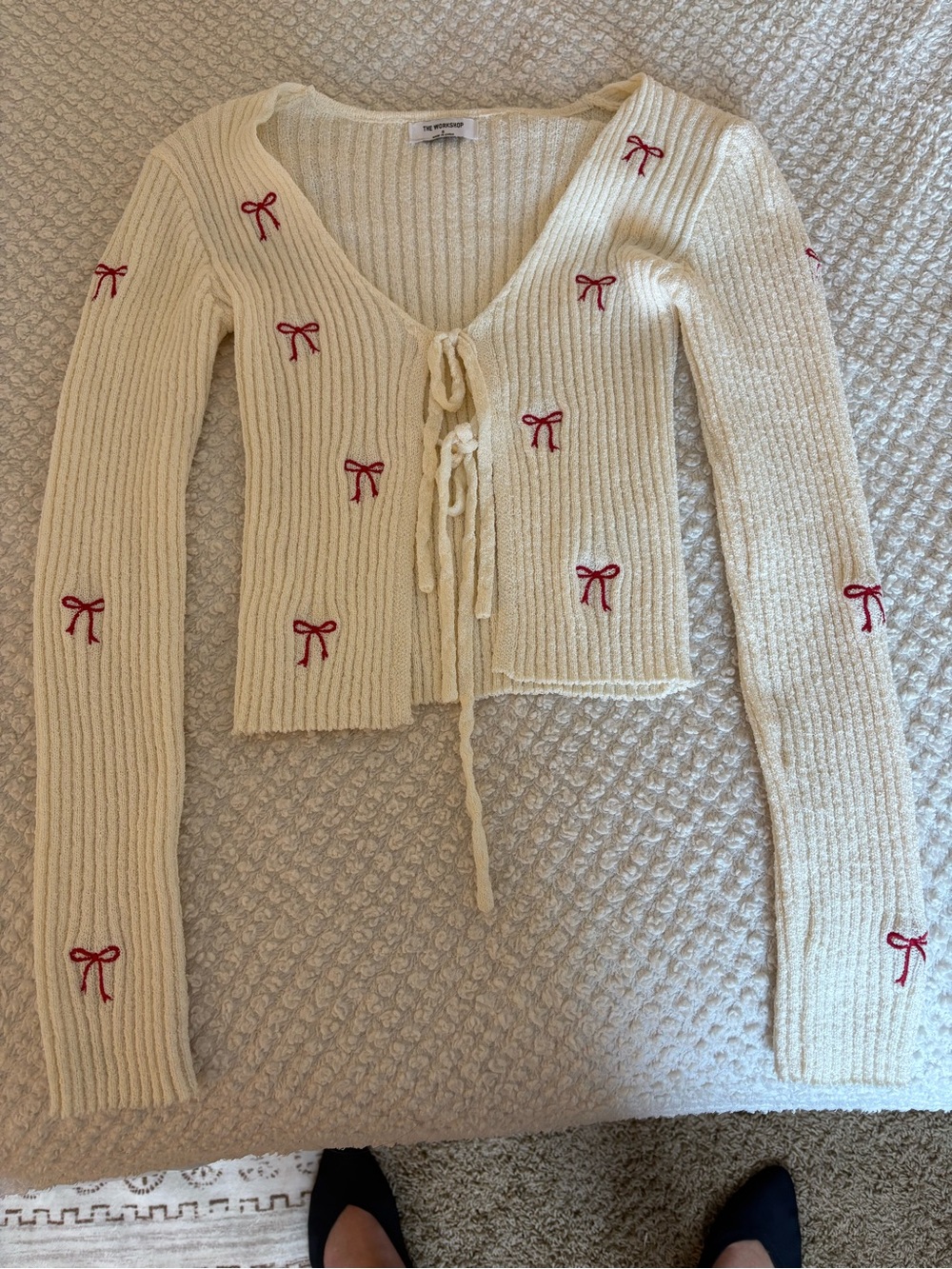 LOFT Cream Ribbed Tie-Front Cardigan with Red Bow Embroidery